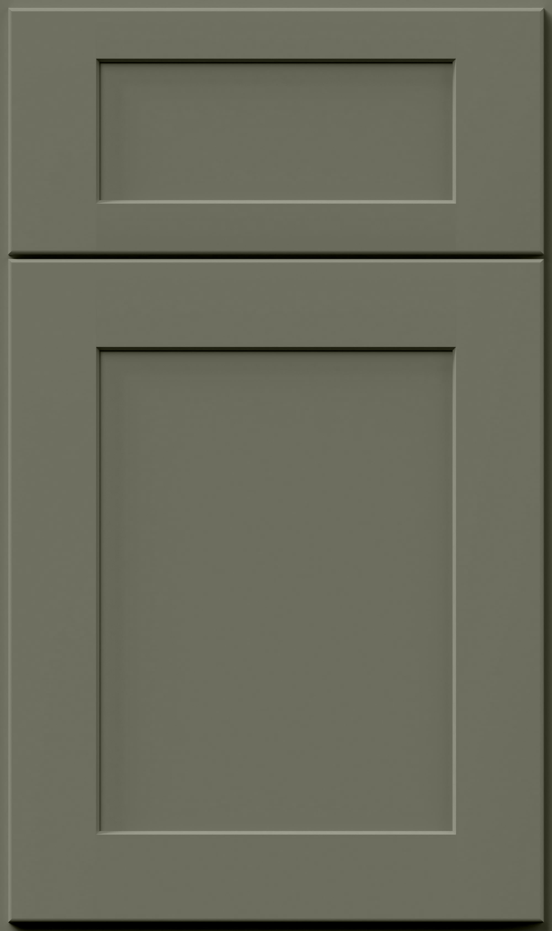 Olive-green cabinet with a small top drawer and larger lower door, shown front view