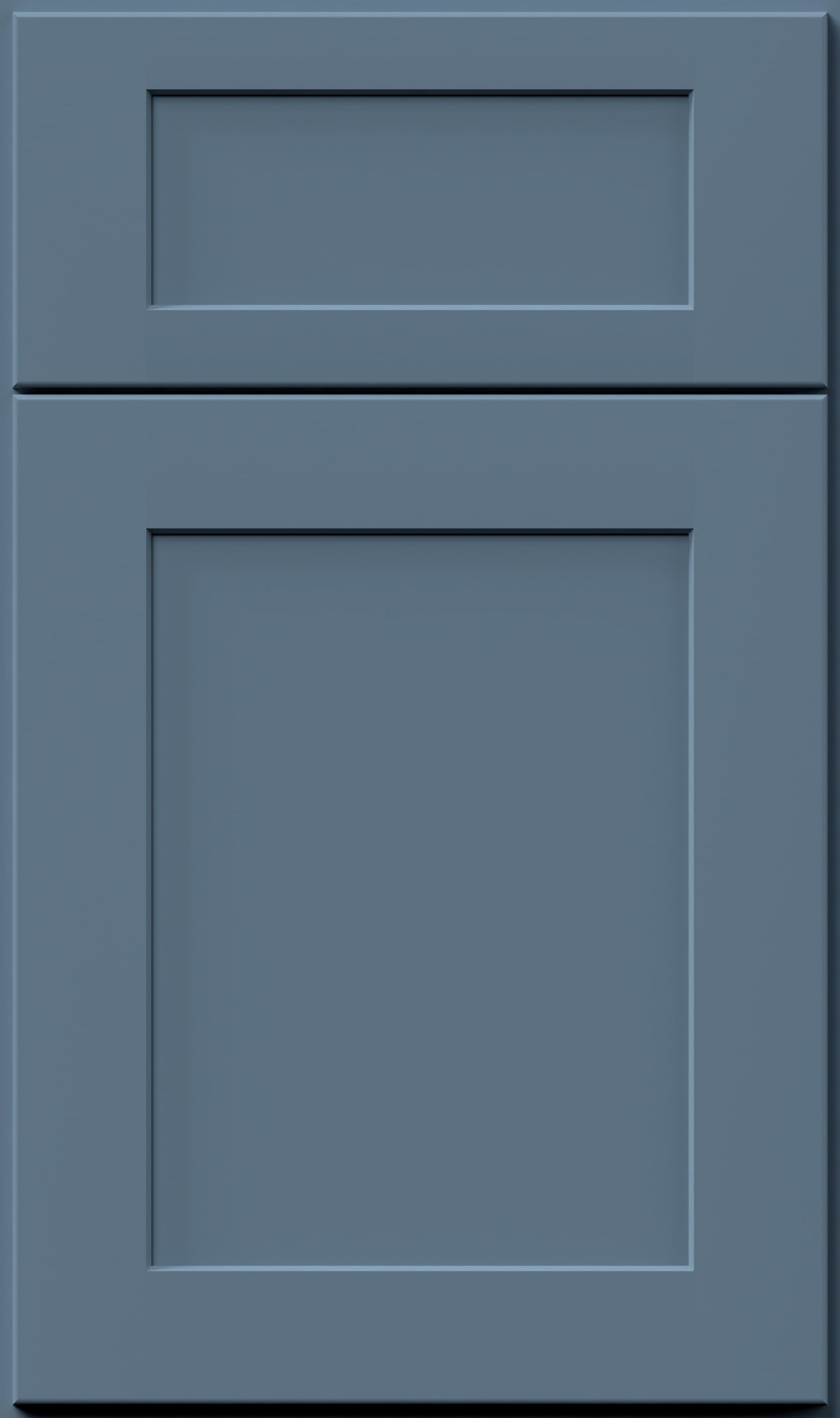 Blue-gray cabinet door with a small top drawer and a larger lower panel.