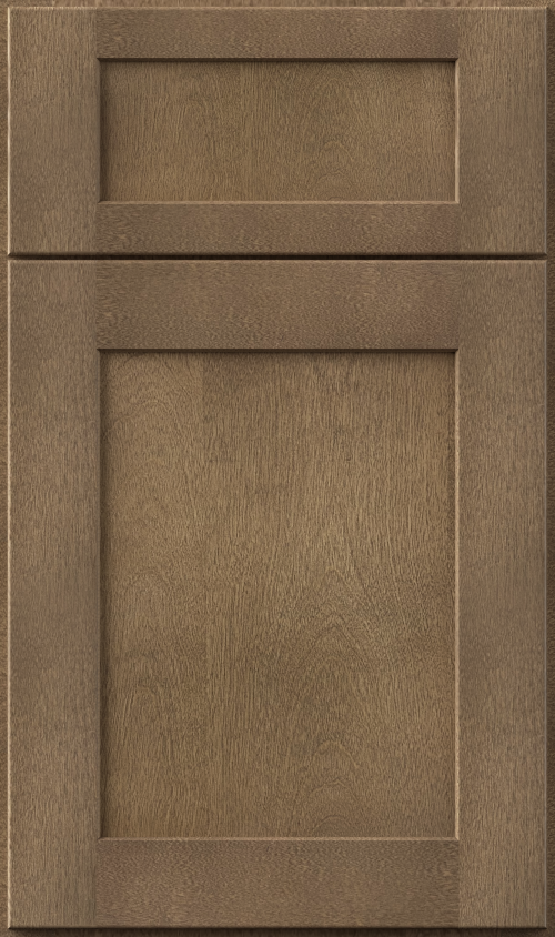 Brown wooden cabinet door with a smaller top panel and larger lower panel