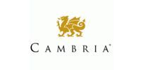 Cambria logo with gold lion above black text on a white background