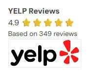 Yelp reviews rating graphic showing 4.9 stars and “Based on 349 reviews” with the Yelp logo