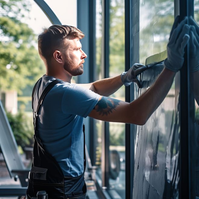 Worker in gloves cleaning a large glass window in a bright office.