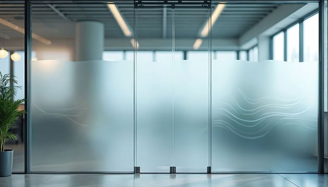 Modern office lobby with frosted glass walls and ceiling lights, seen from a hallway