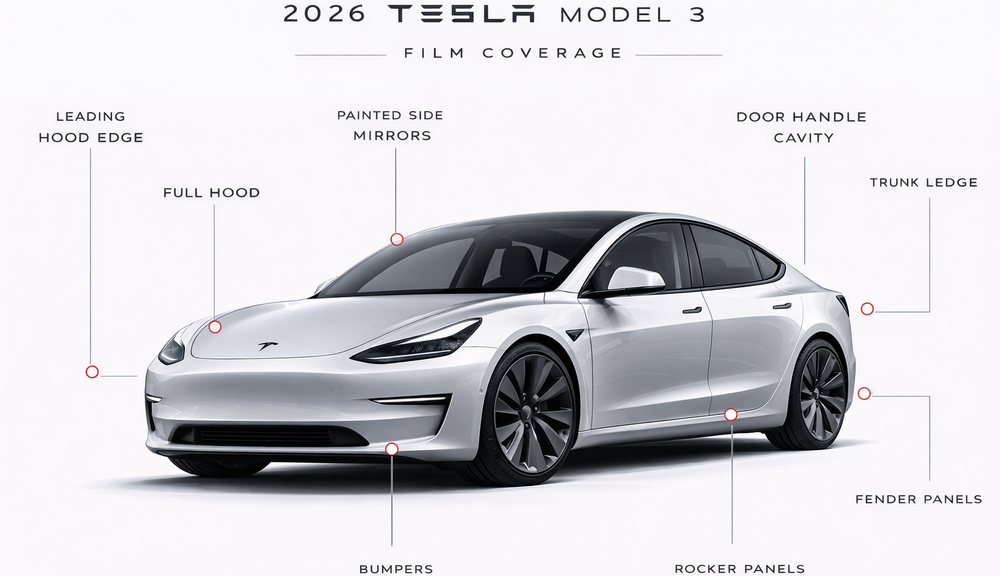 2026 Tesla Model Y in silver, shown in a side-front view with labeled design features on a white background