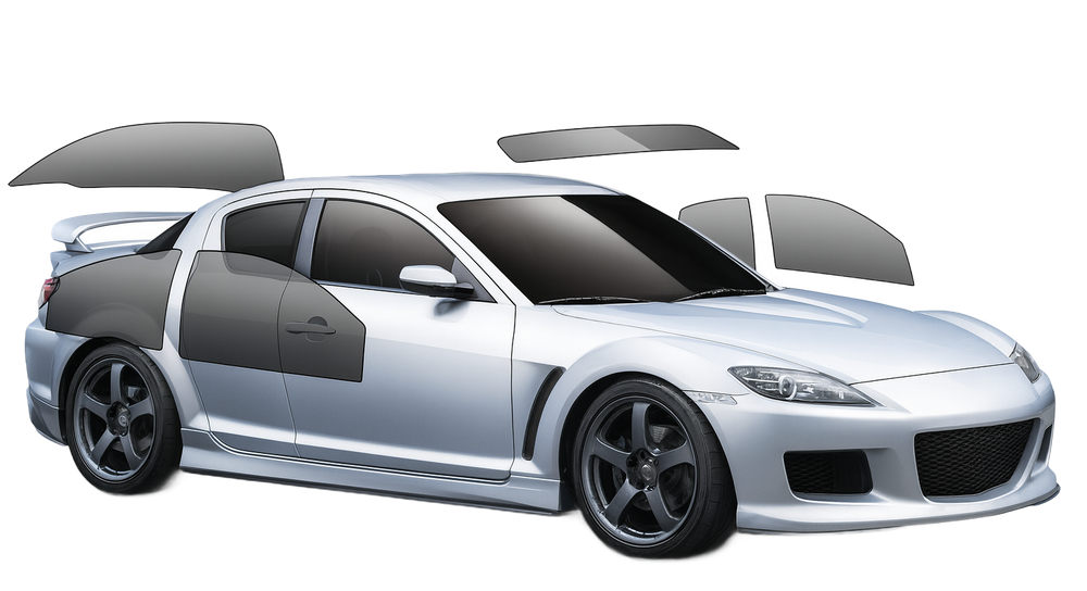 Silver sports car with open doors, roof, and hood, shown in a studio-like white background