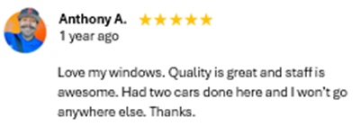 A 5-star customer review praising window quality, staff, and installation service.
