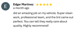 A customer review from Edgar Martinez praising vehicle cleaning and professional, timely service with five stars.