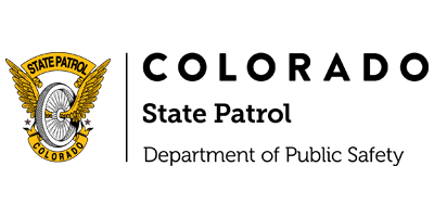 Colorado State Patrol logo. Emblem with gold wings and wheel, text: Colorado State Patrol, Department of Public Safety.