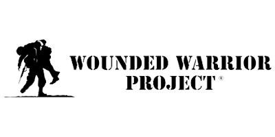 Black and white logo: a soldier carrying another, the words