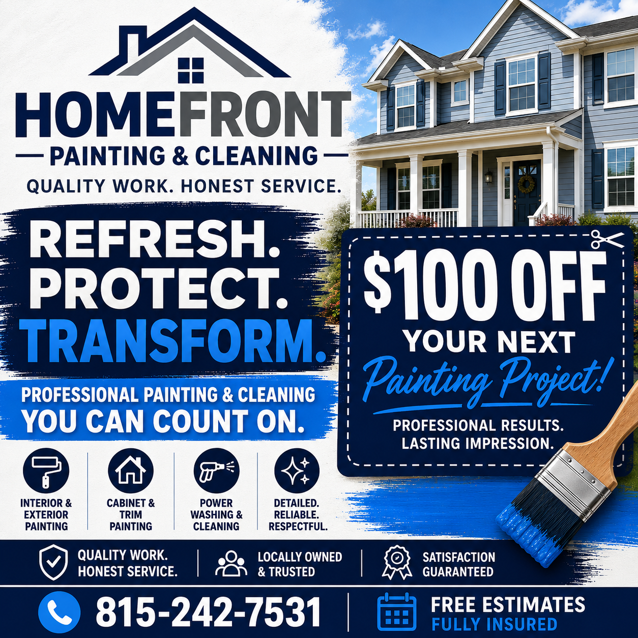 HomeFront Painting & Cleaning ad with blue sky, house logo, $100 off offer, and paint roller illustration