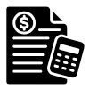 Black-and-white icon of a document with a dollar sign and a calculator