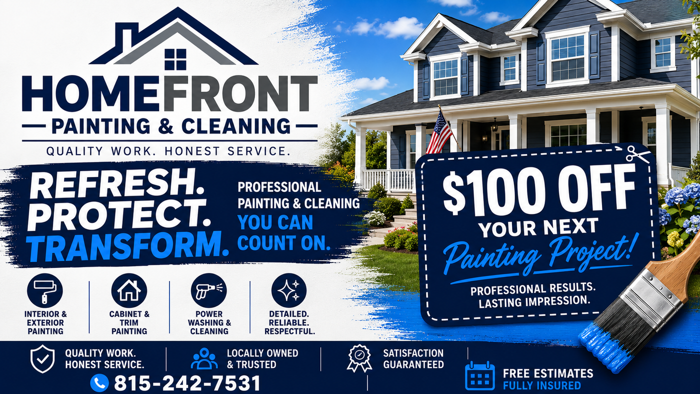 HomeFront Painting & Cleaning ad with blue sky, house logo, $100 off offer, and paint roller illustration
