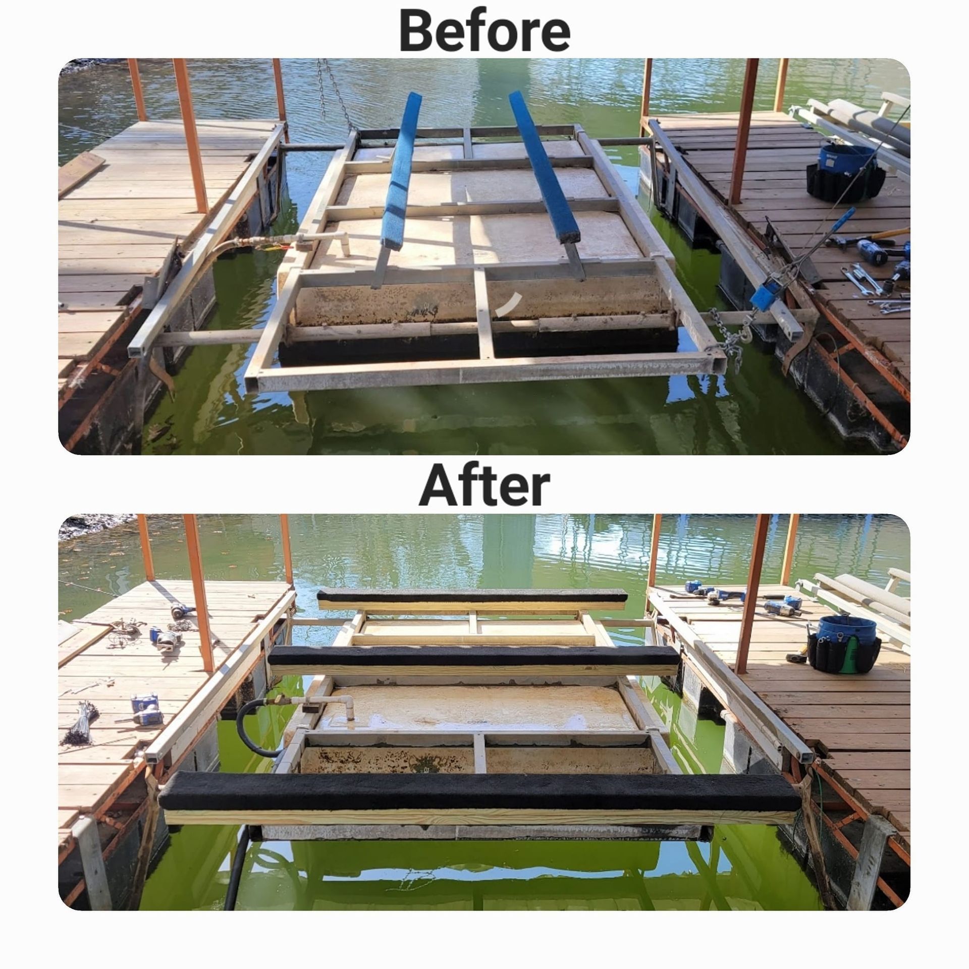 A before and after picture of a dock in the water