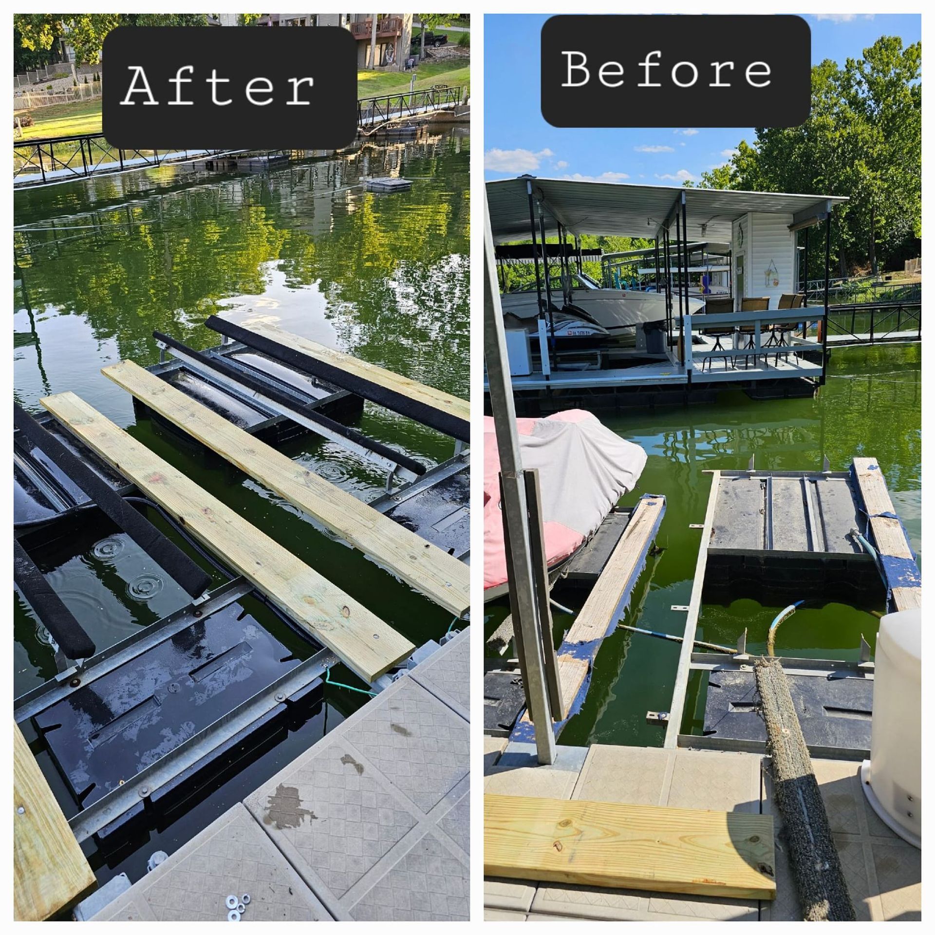 A before and after photo of a boat dock