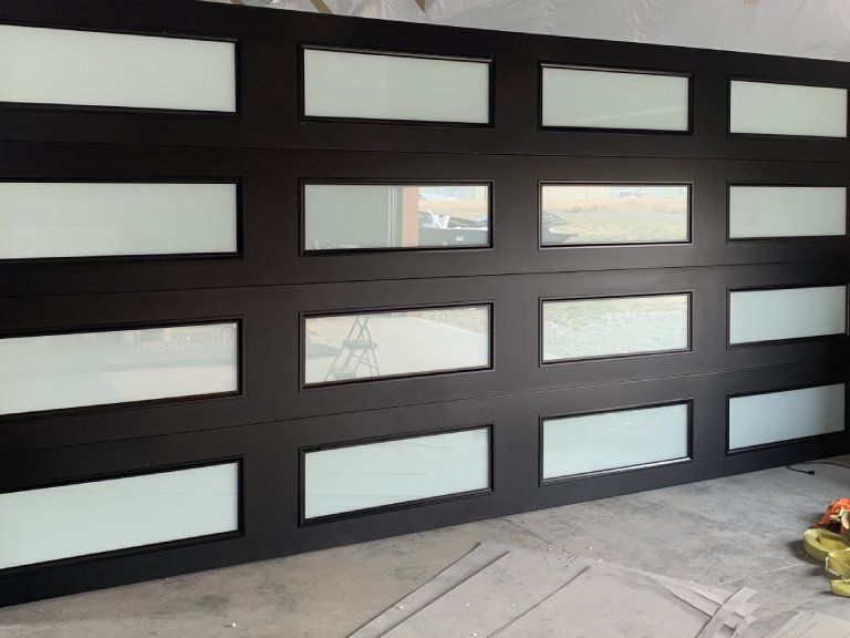 A garage door with box design