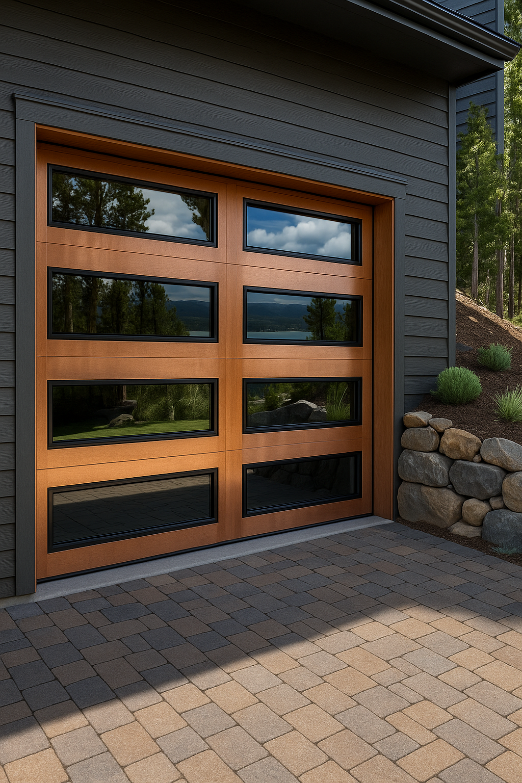 Modern wooden garage door with eight rectangular glass windows, set in a gray building with a brick paver driveway.