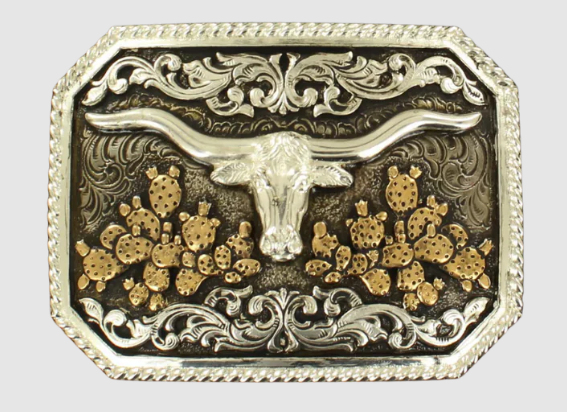 Rectangular silver western belt buckle featuring a central longhorn skull flanked by gold-toned prickly pear cacti.