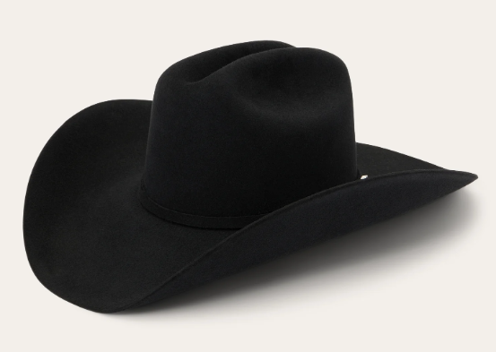 A black felt cowboy hat with a curved brim, isolated on a neutral background.