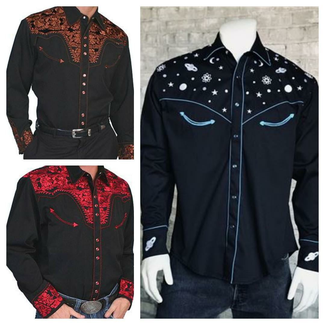 Three black long-sleeved western shirts with embroidered yokes featuring orange, red, and celestial space-themed designs.