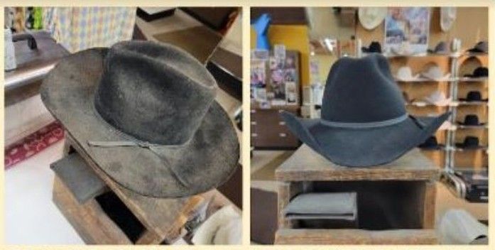 Two photos side-by-side show a weathered, dark felt cowboy hat before and after professional cleaning and reshaping.