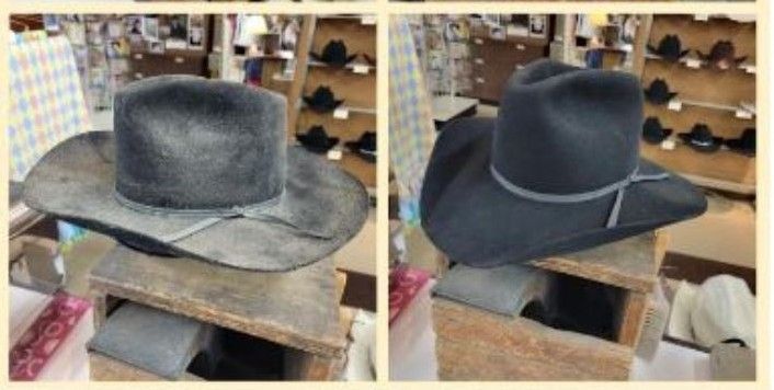 A before and after comparison of a worn, dusty black cowboy hat being cleaned and reshaped in a store.