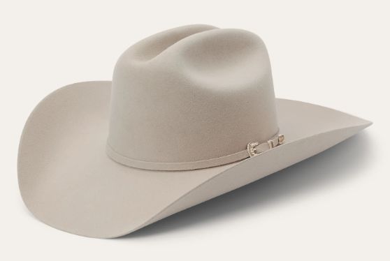 A beige felt cowboy hat with a cattleman crease and a simple band, isolated against a neutral background.