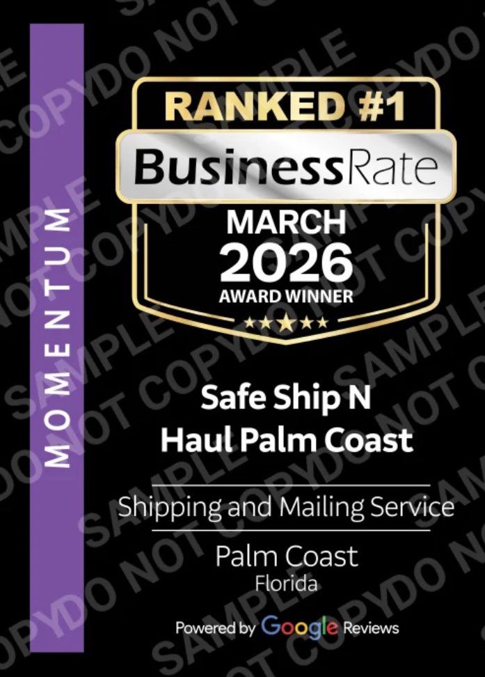 BusinessRate ranked #1 award badge for Haul Palm Coast, March 2026, purple-black design with Google reviews mention