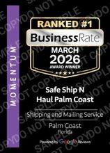 BusinessRate ranked #1 award badge for Haul Palm Coast, March 2026, purple-black design with Google reviews mention