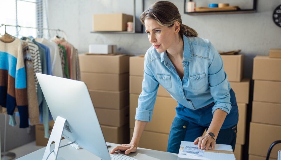 Person leaning over a desk in a bright workspace, focused on a computer and papers, with moving boxes nearby