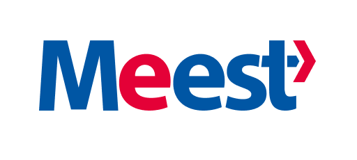 Meest logo in blue and red with a red arrow