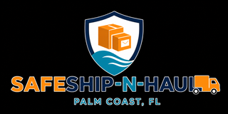 SafeShip-N-Haul logo with shield, shipping boxes, waves, and orange truck icon on black background