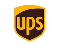 UPS brown and yellow shield logo with gold border and large initials