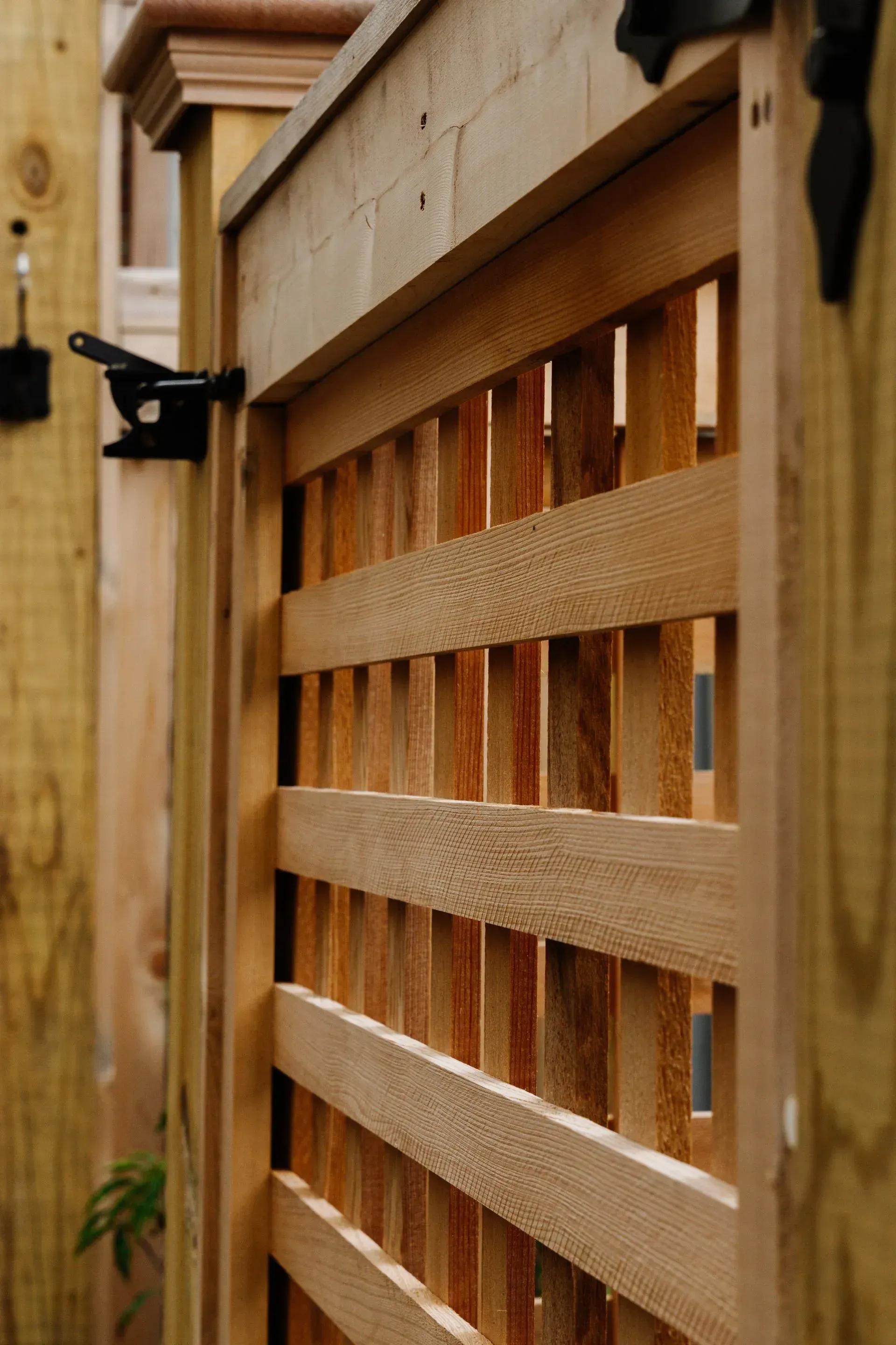 Wooden garden gate with horizontal slats and a black latch, viewed close up.