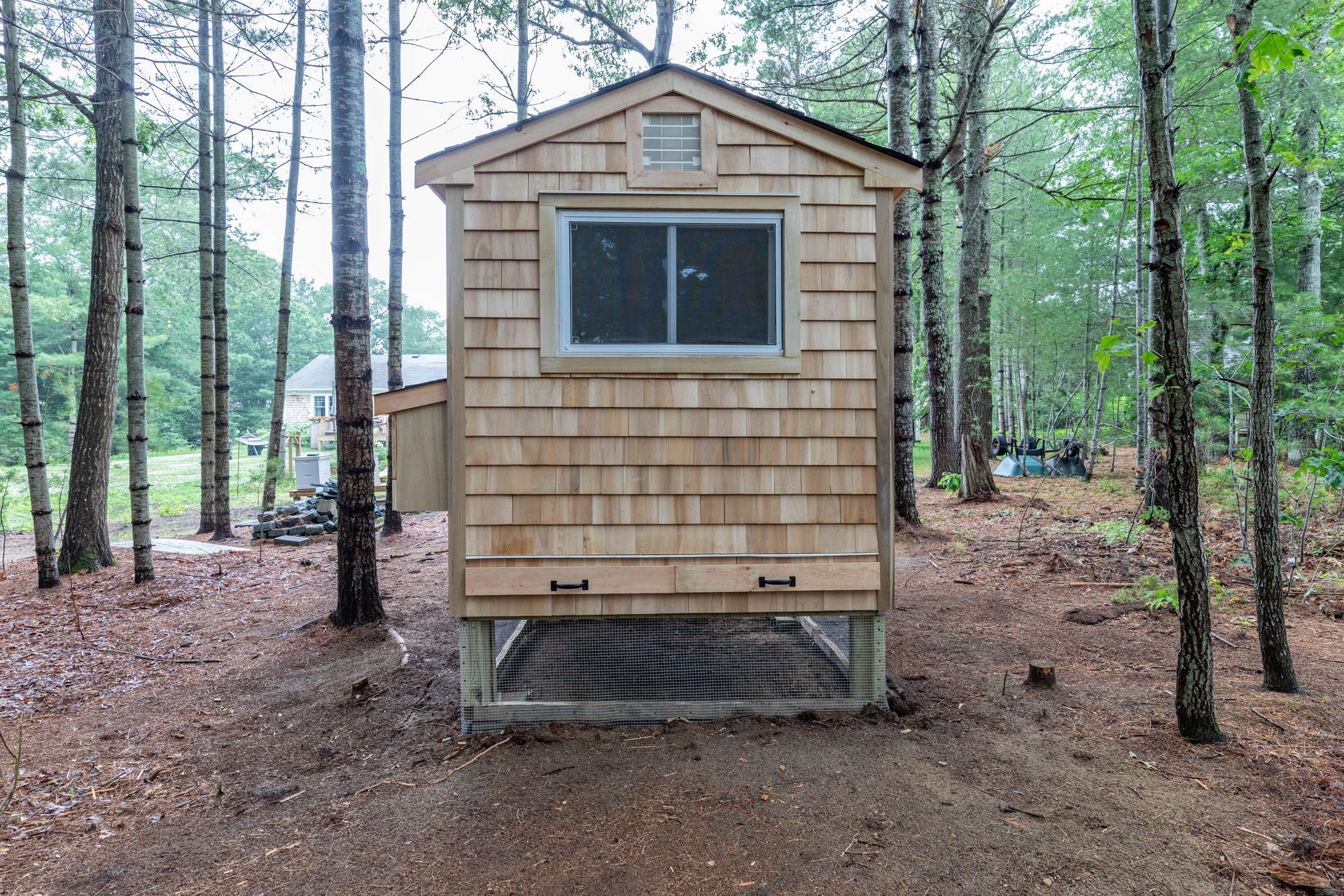 Small wooden cabin with a window, set on a raised foundation in a forest clearing