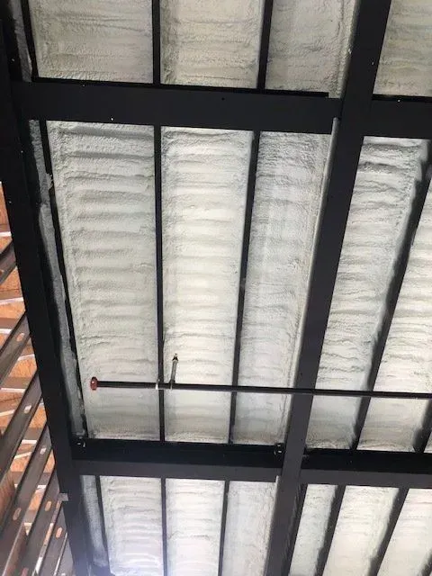 Black metal beams and a ceiling covered in spray foam insulation.