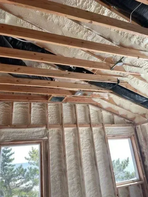 Interior view of a building under construction, showing spray foam insulation on walls and rafters. Two windows are visible.