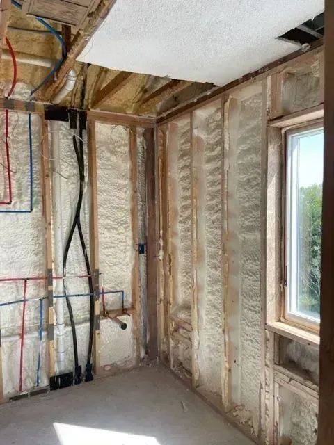 Interior wall studs with spray foam insulation, plumbing, and electrical wiring.