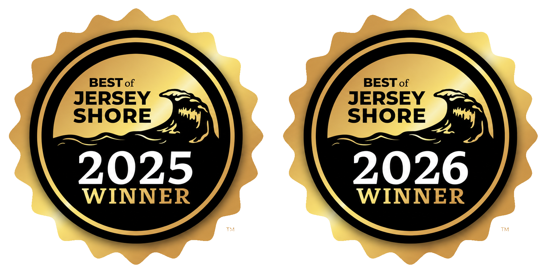 Two gold Best of Jersey Shore 2025 and 2026 winner badges on white background