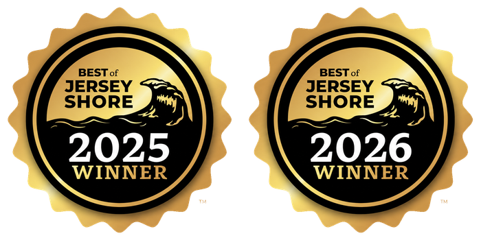 Two gold Best of Jersey Shore 2025 and 2026 winner badges on white background