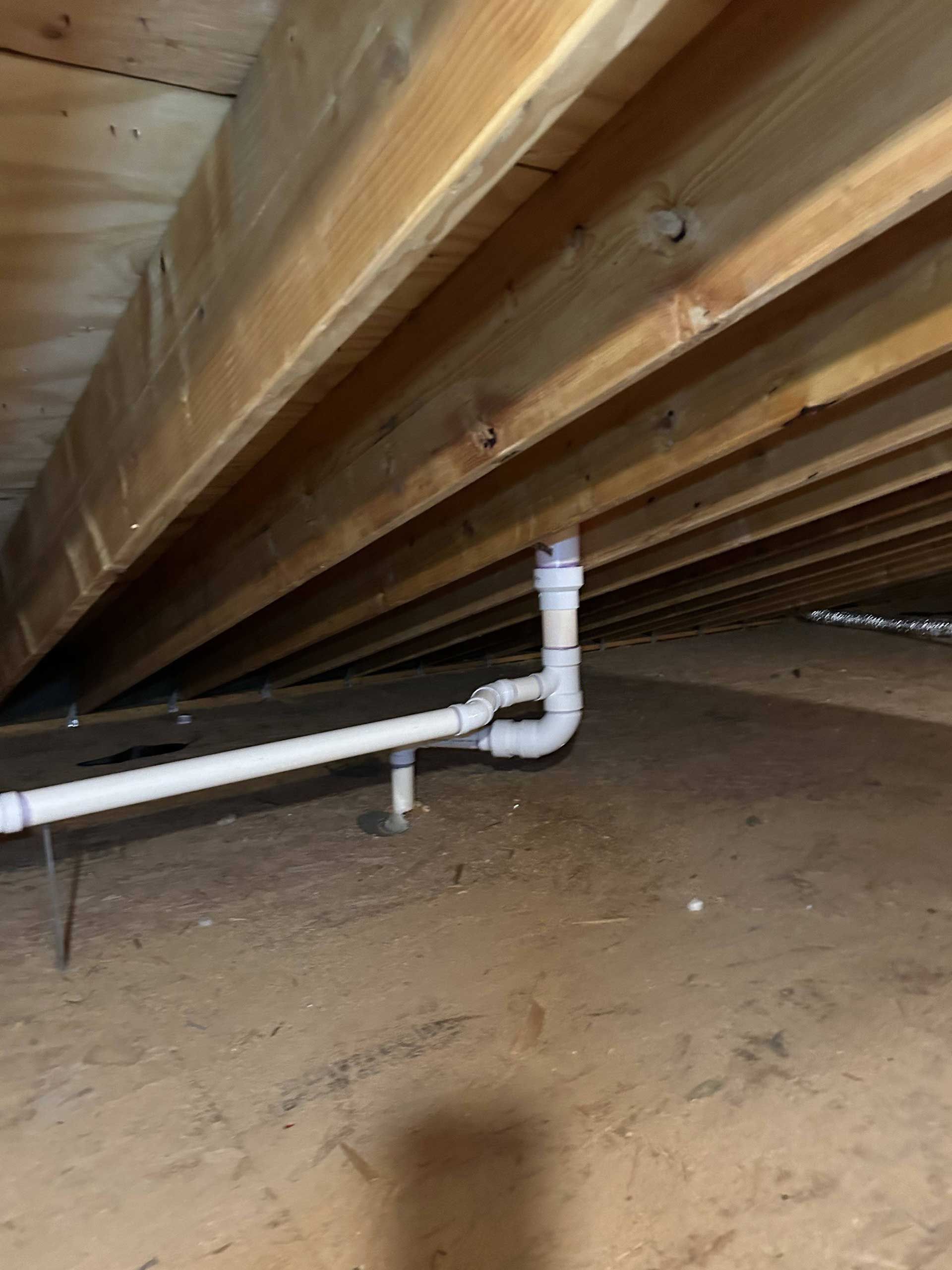 White PVC plumbing pipe connected through wooden floor joists in an attic space.