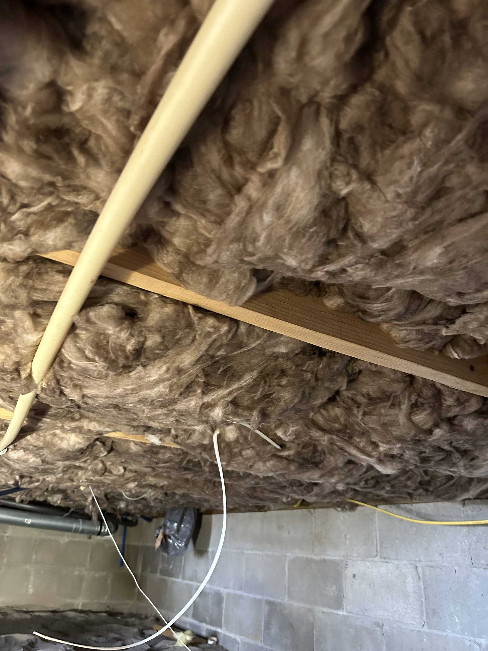 Fiberglass batt insulation installed between wooden floor joists in a basement or crawlspace with a white pipe and wires.
