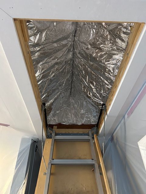 Attic ladder extending from opening, lined with silver insulation. Wooden frame against white ceiling.