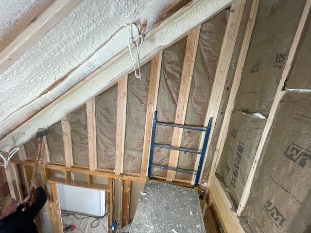 Attic with exposed insulation, wooden framing, and a blue ladder against the wall