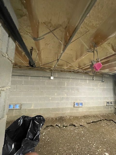 Cinder block basement wall with exposed insulation and ceiling beams, debris on dirt floor, pink hanging object