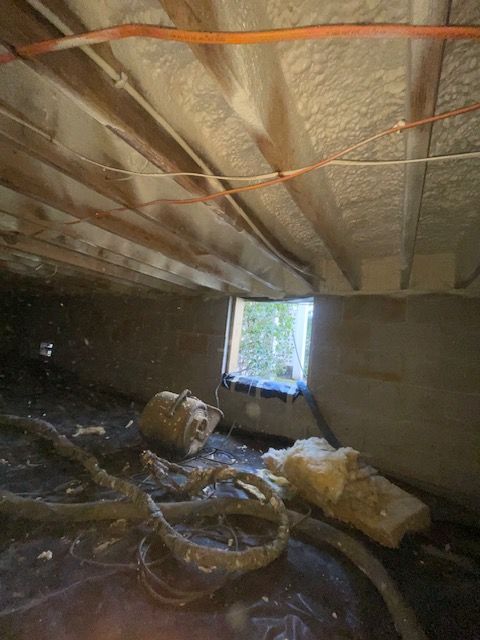 Unfinished basement with exposed insulation, debris on the floor, and a small window letting in daylight