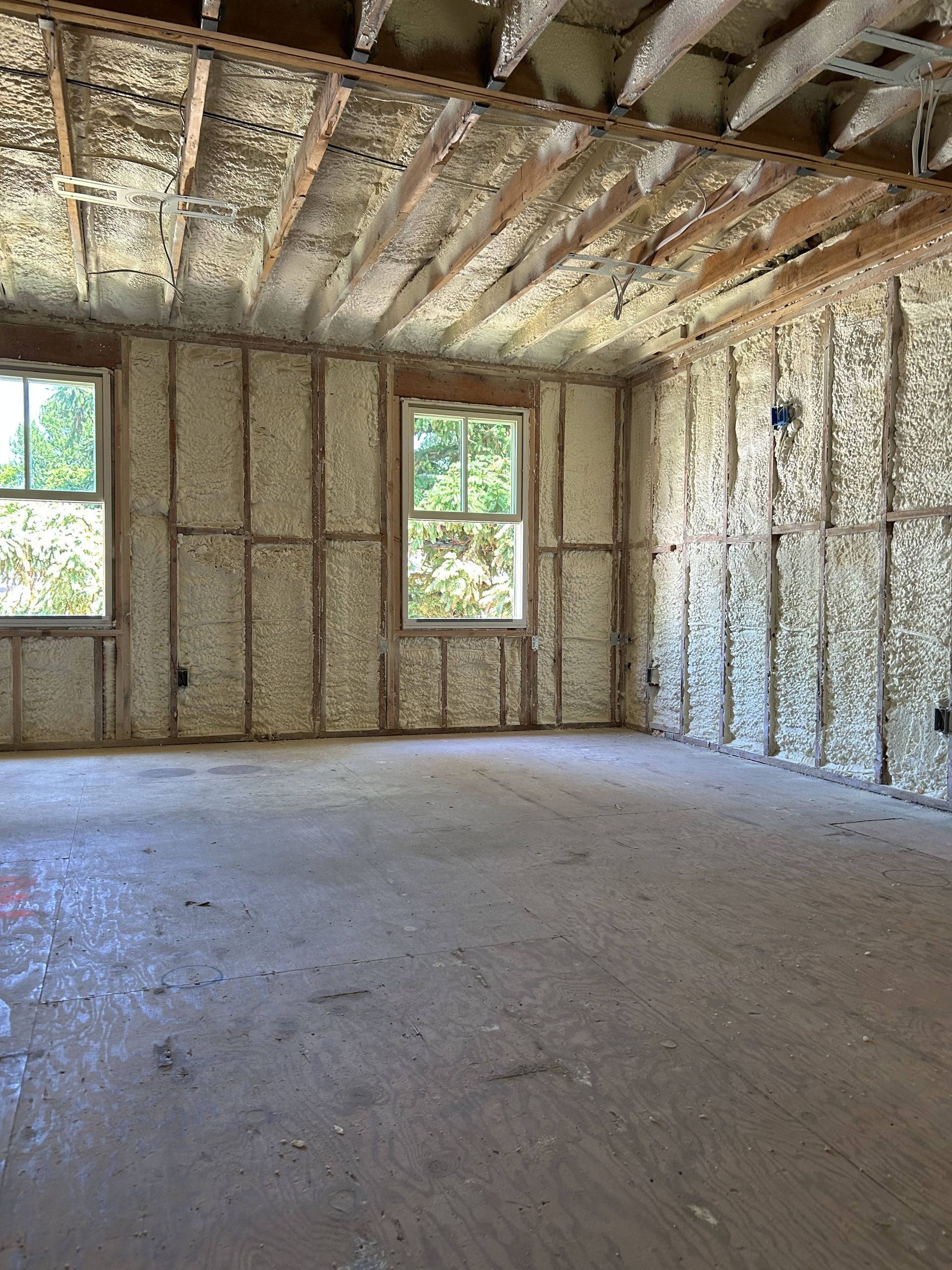 Unfinished insulated room with exposed ceiling, two windows, and bare concrete floor.