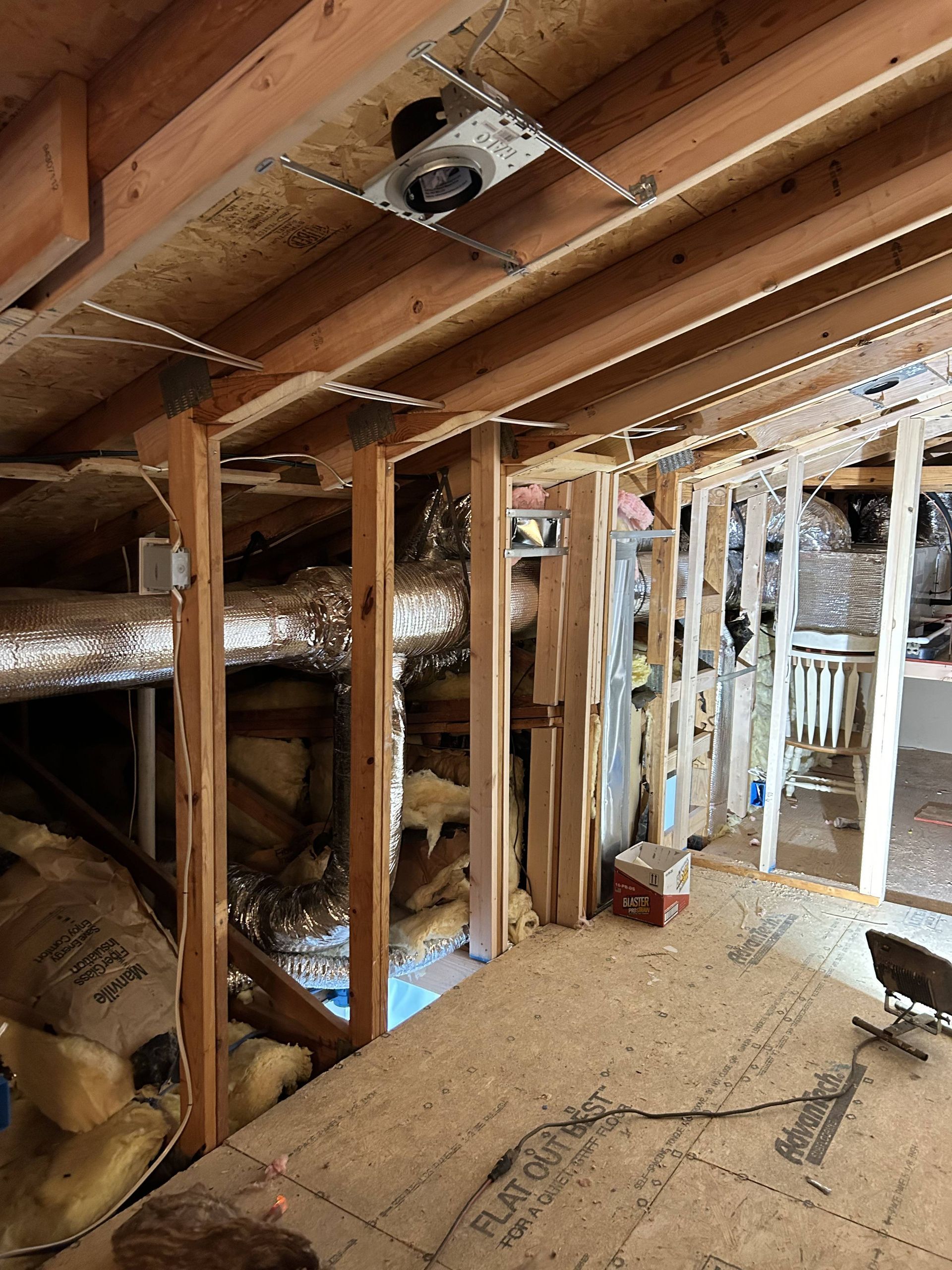 Partially gutted basement with exposed wood framing, insulation, and construction debris on the floor