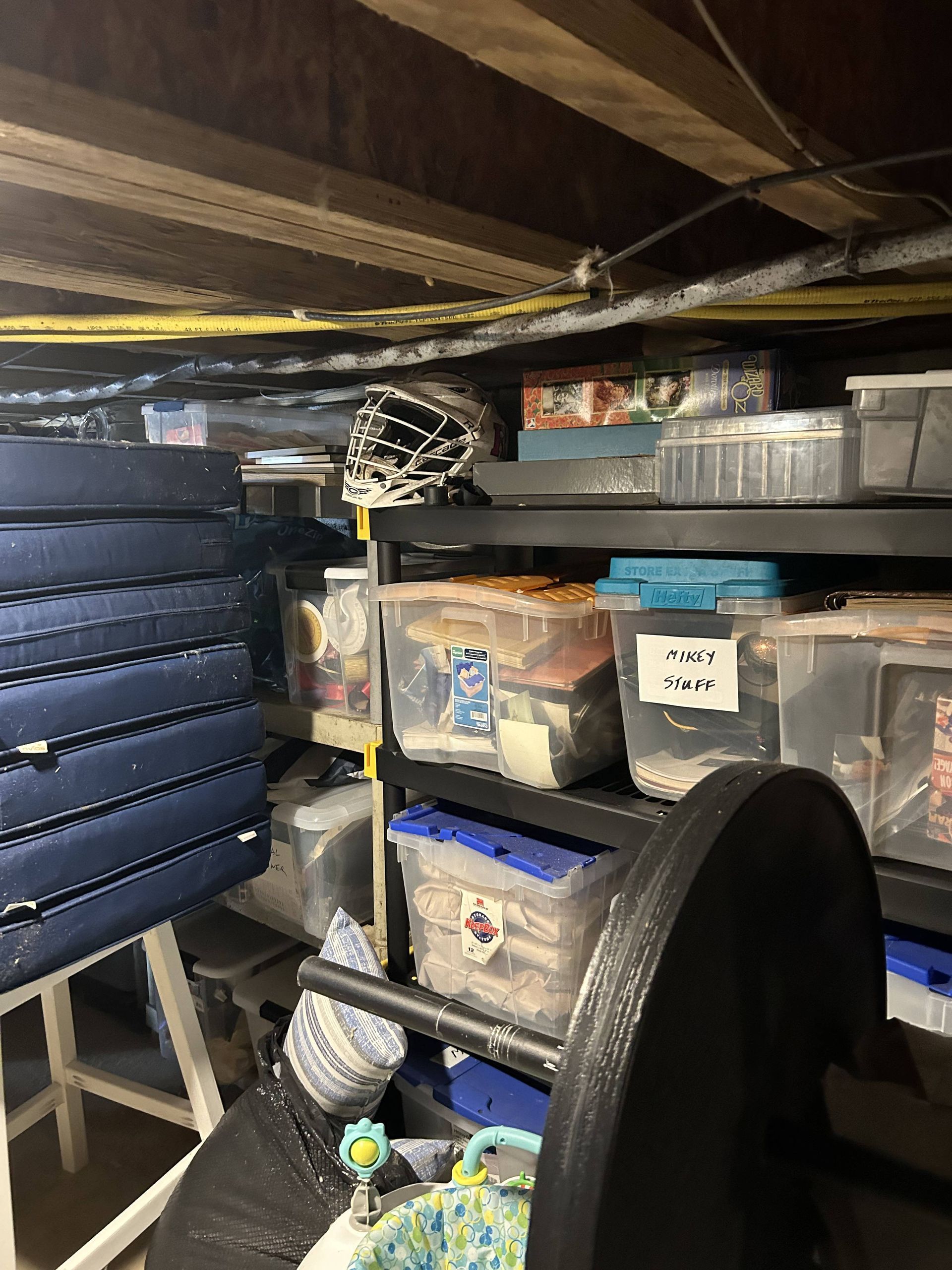 Dim basement storage with plastic bins, a large fan, and stacked blue shelves under low beams.