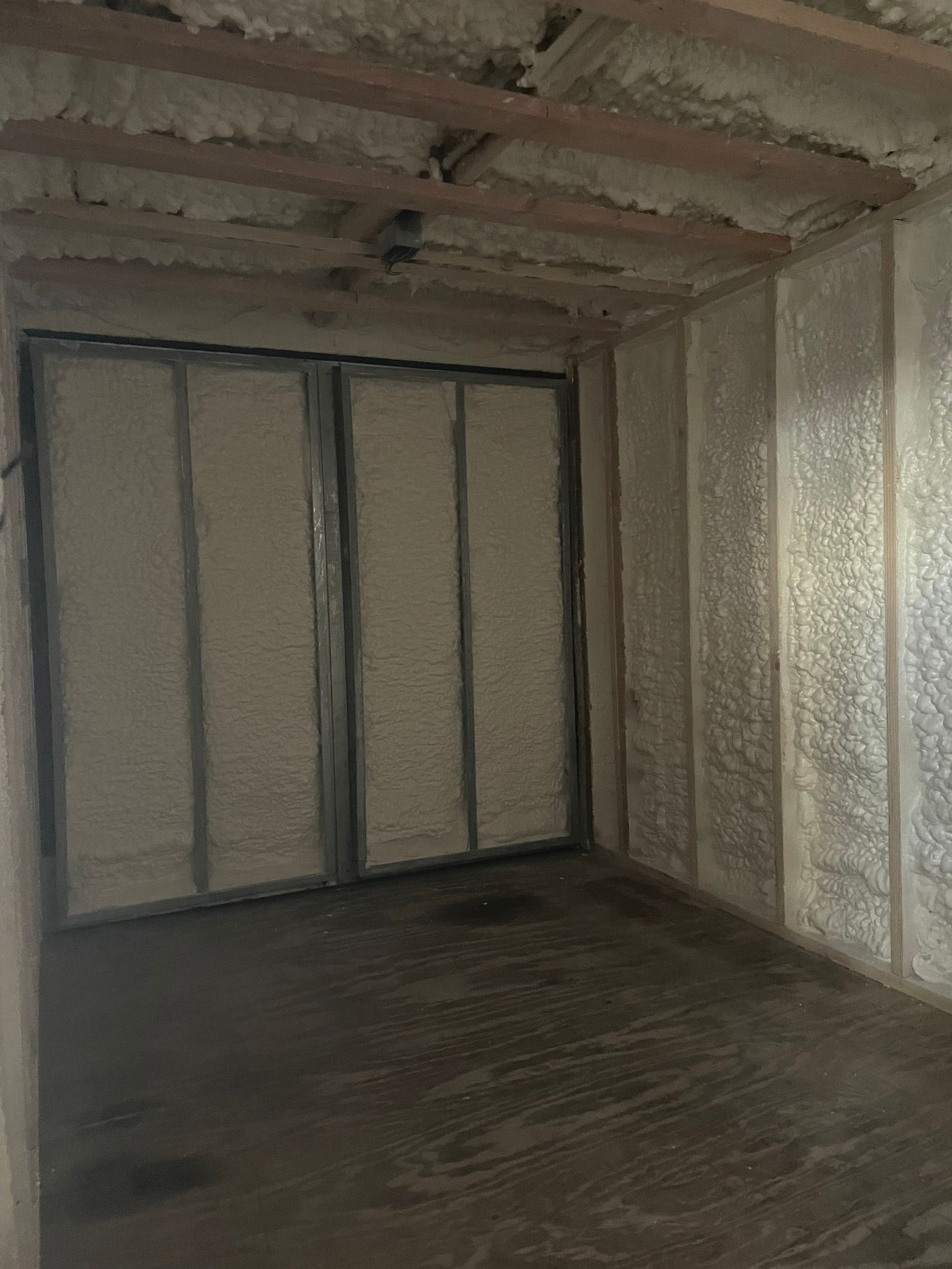 Small empty room with exposed insulation walls and a metal-framed sliding door.