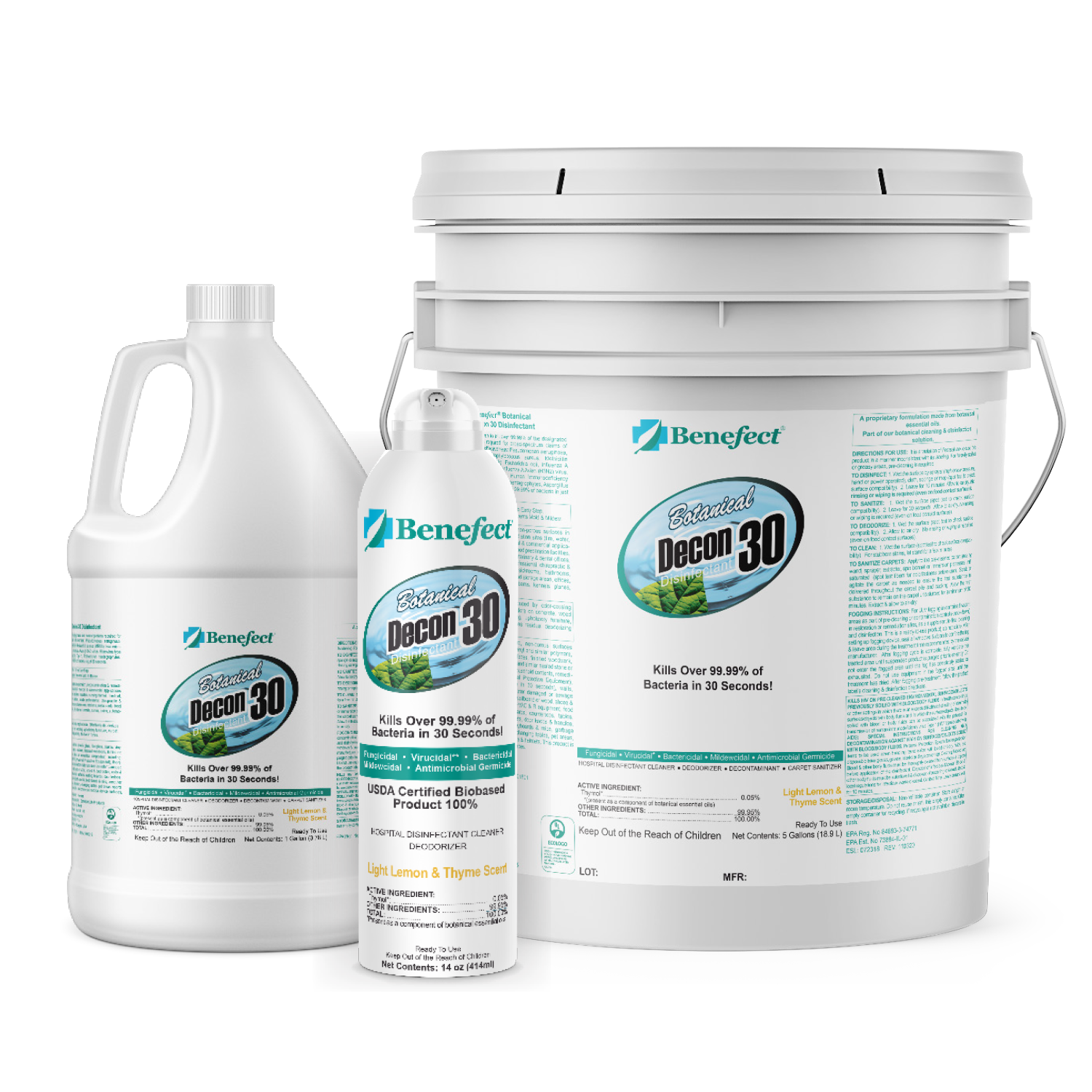 Assortment of white cleaning product containers and bucket with teal labels on a white background